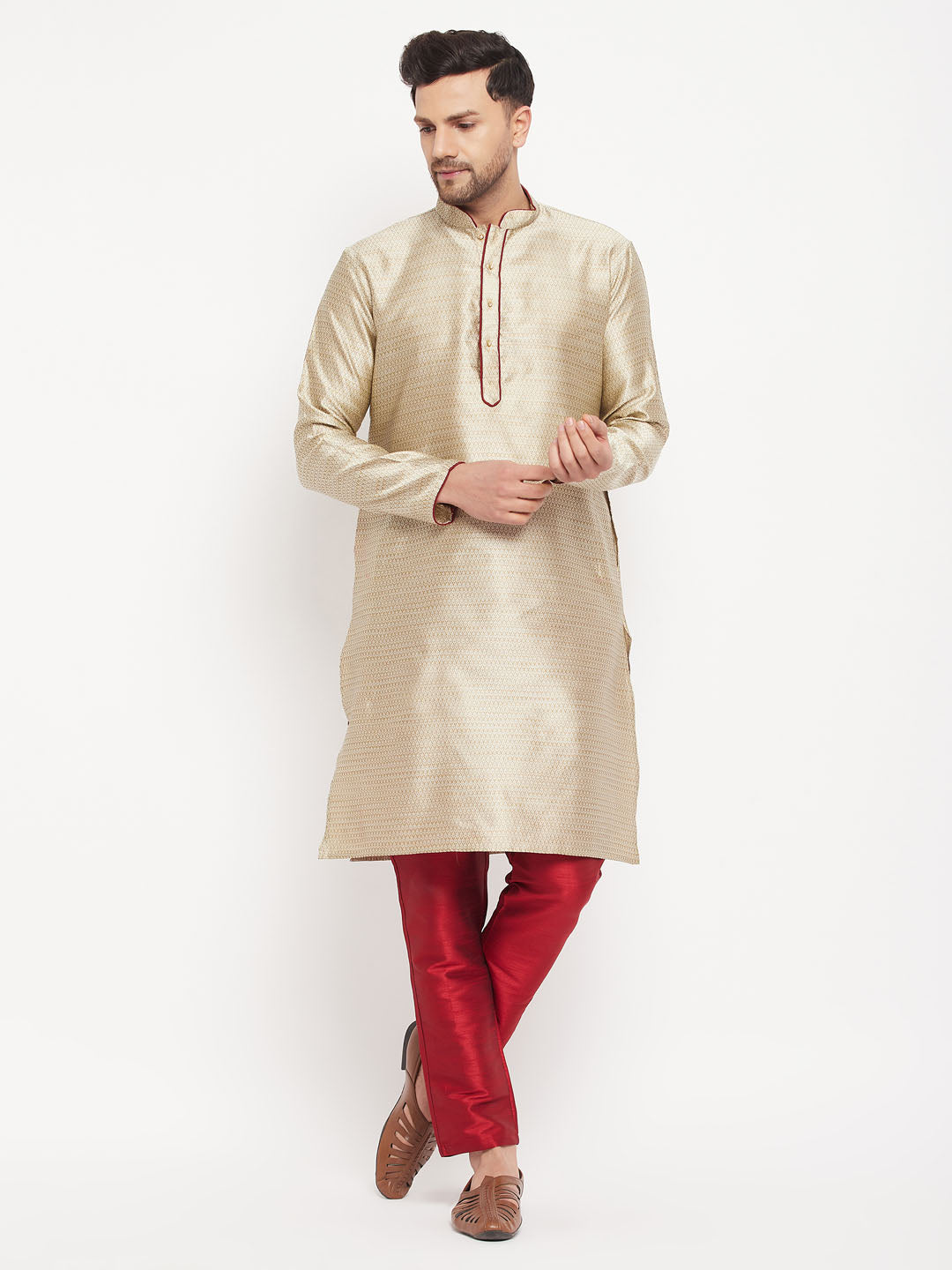 Men's Beige Silk Blend Straight Kurta Pyjama Set