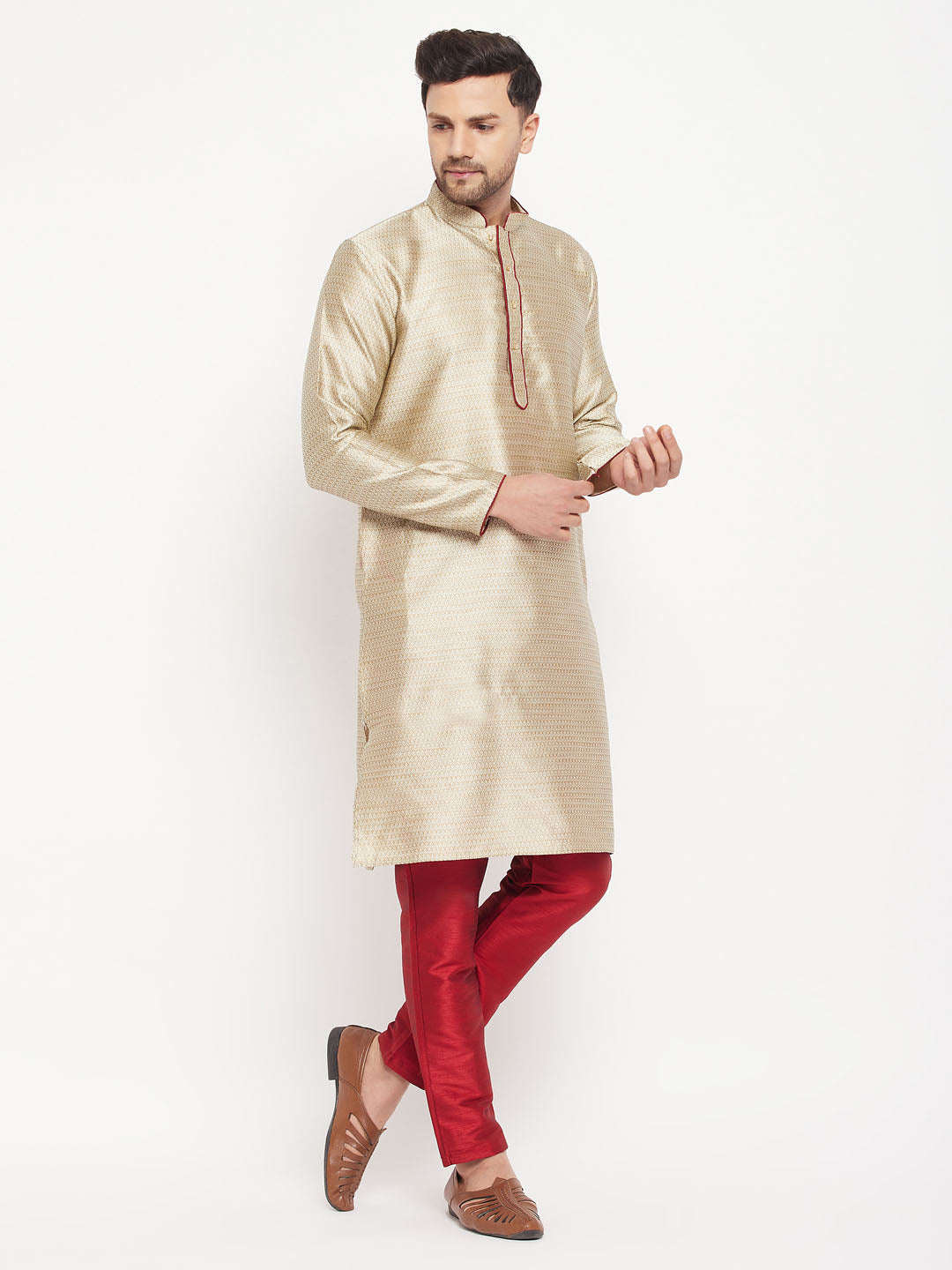 Men's Beige Silk Blend Straight Kurta Pyjama Set