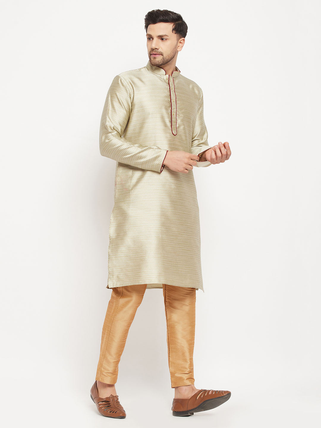 Men's Beige Silk Blend Straight Kurta Pyjama Set