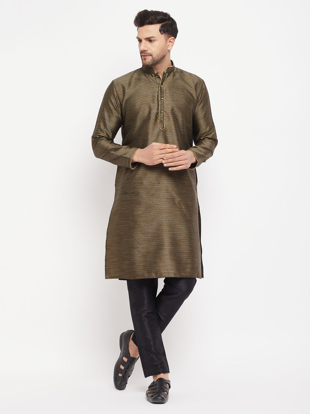Men's Black Silk Blend Straight Kurta Pyjama Set