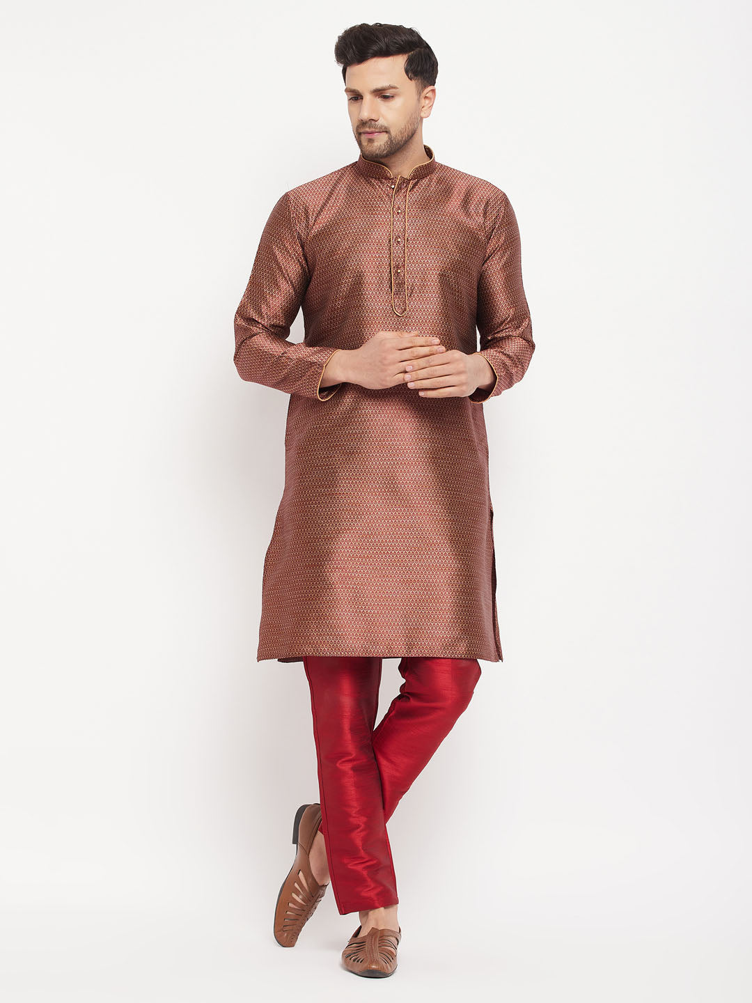 Men's Maroon Silk Blend Straight Kurta Pyjama Set