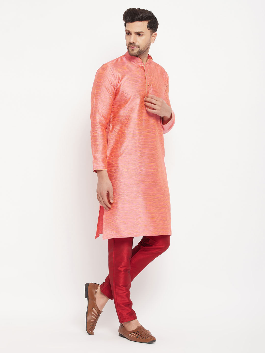 Men's Pink Silk Blend Straight Kurta Pyjama Set