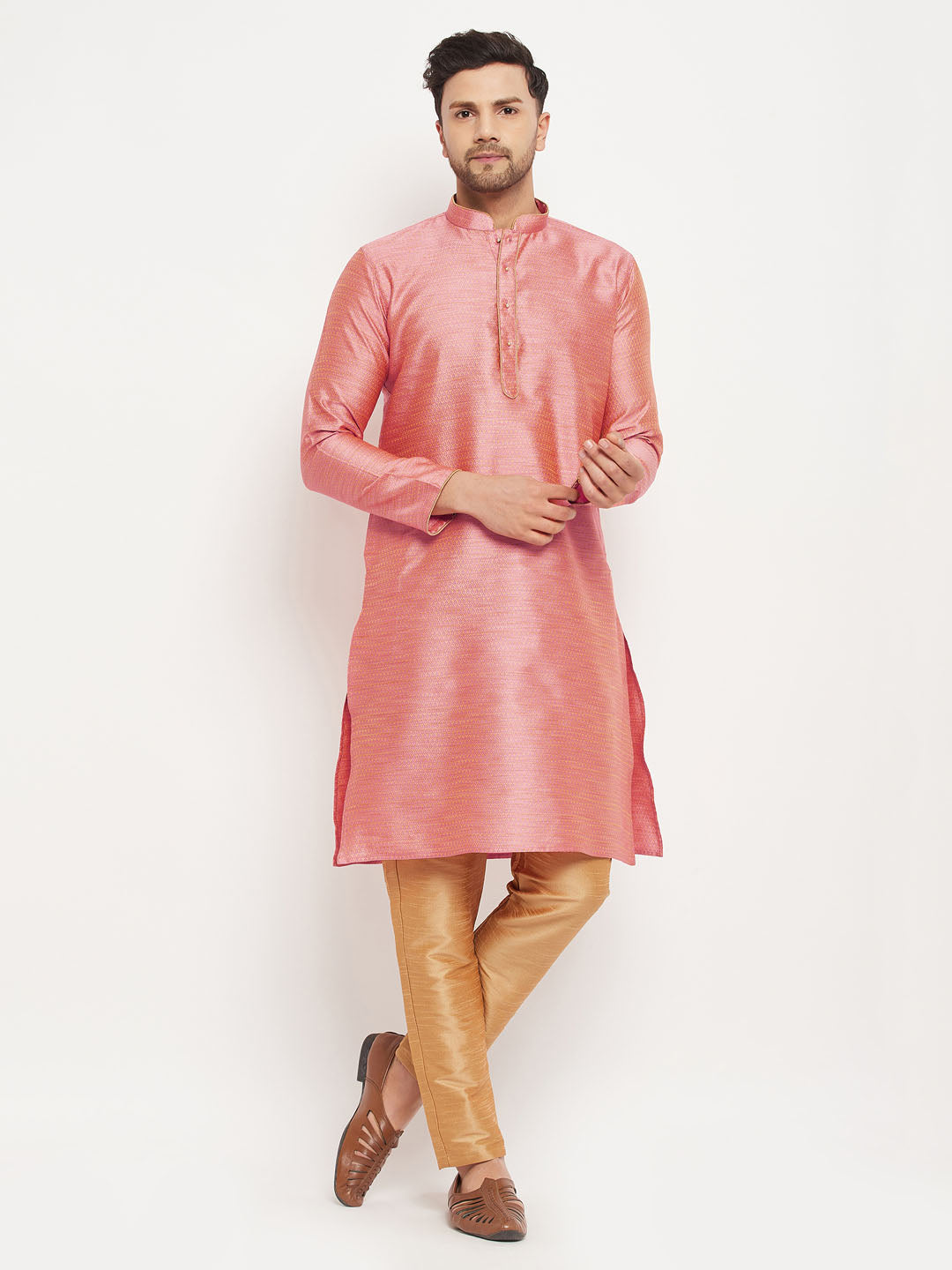 Men's Pink Silk Blend Straight Kurta Pyjama Set