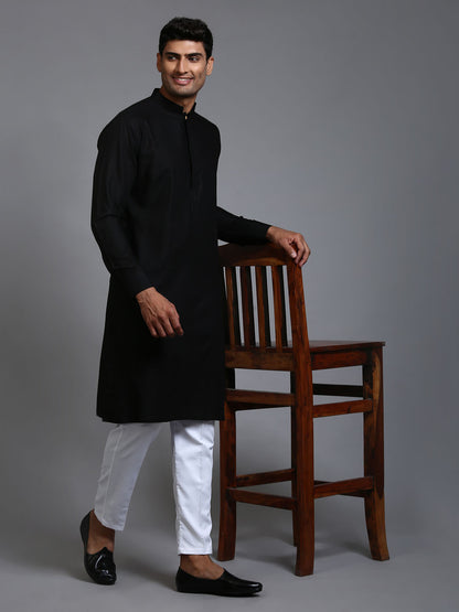 Men's Black Cotton Blend Straight Kurta Pyjama Set