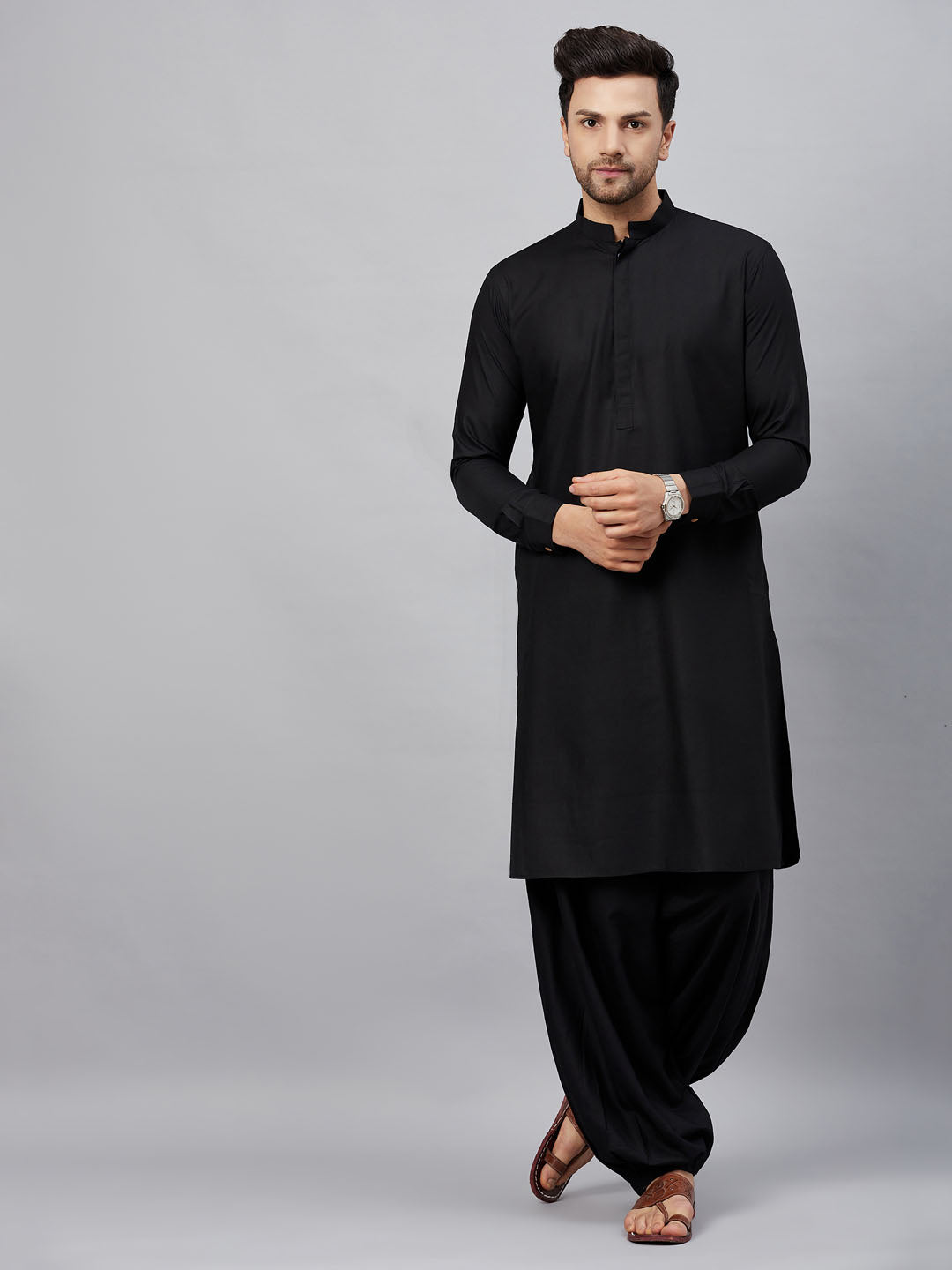 Men's Black Cotton Blend Pathani Kurta And Patiala Set