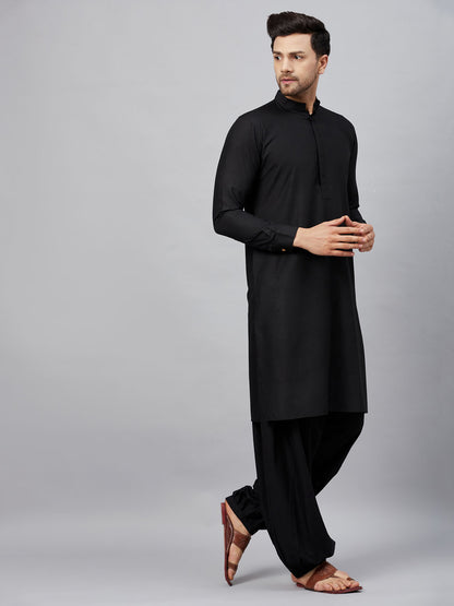 Men's Black Cotton Blend Pathani Kurta And Patiala Set
