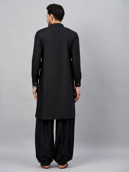 Men's Black Cotton Blend Pathani Kurta And Patiala Set