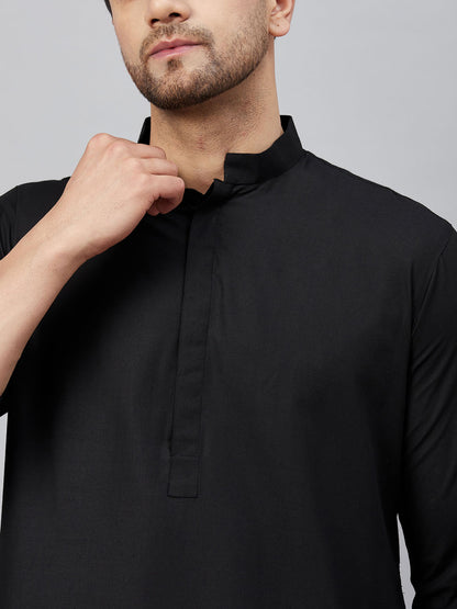 Men's Black Cotton Blend Pathani Kurta And Patiala Set