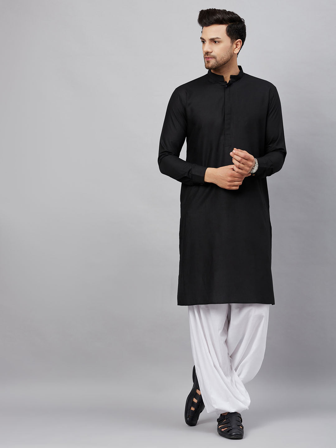 Men's Black Cotton Blend Pathani Kurta And Patiala Set