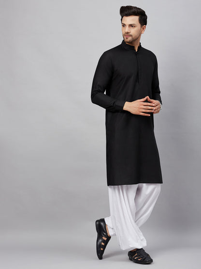Men's Black Cotton Blend Pathani Kurta And Patiala Set