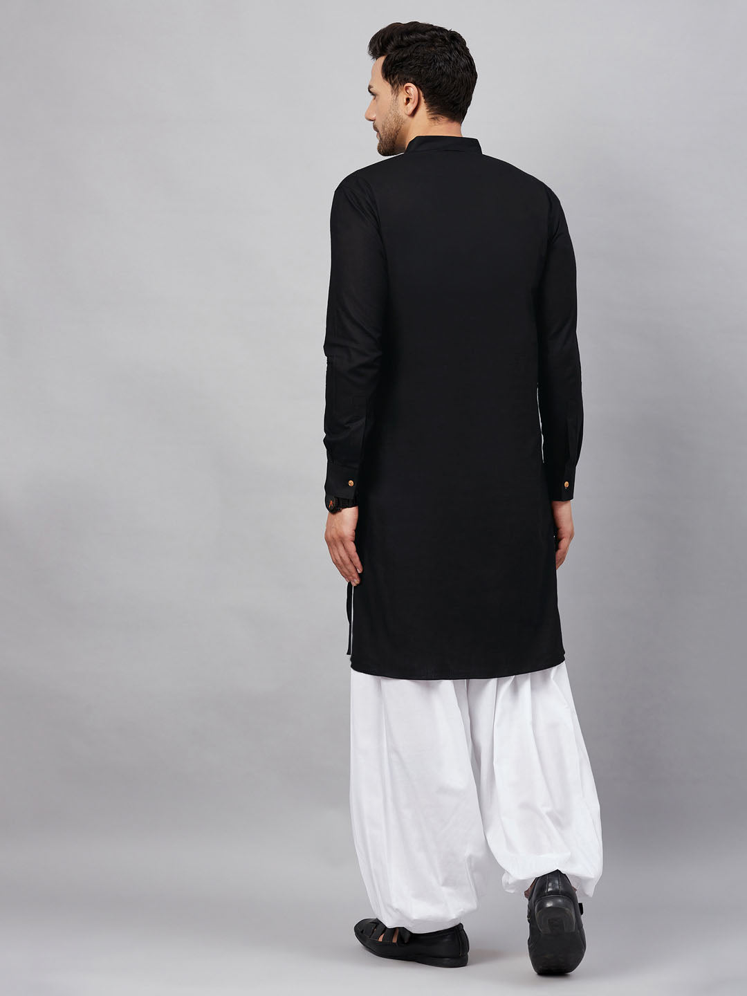 Men's Black Cotton Blend Pathani Kurta And Patiala Set
