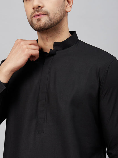 Men's Black Cotton Blend Pathani Kurta And Patiala Set
