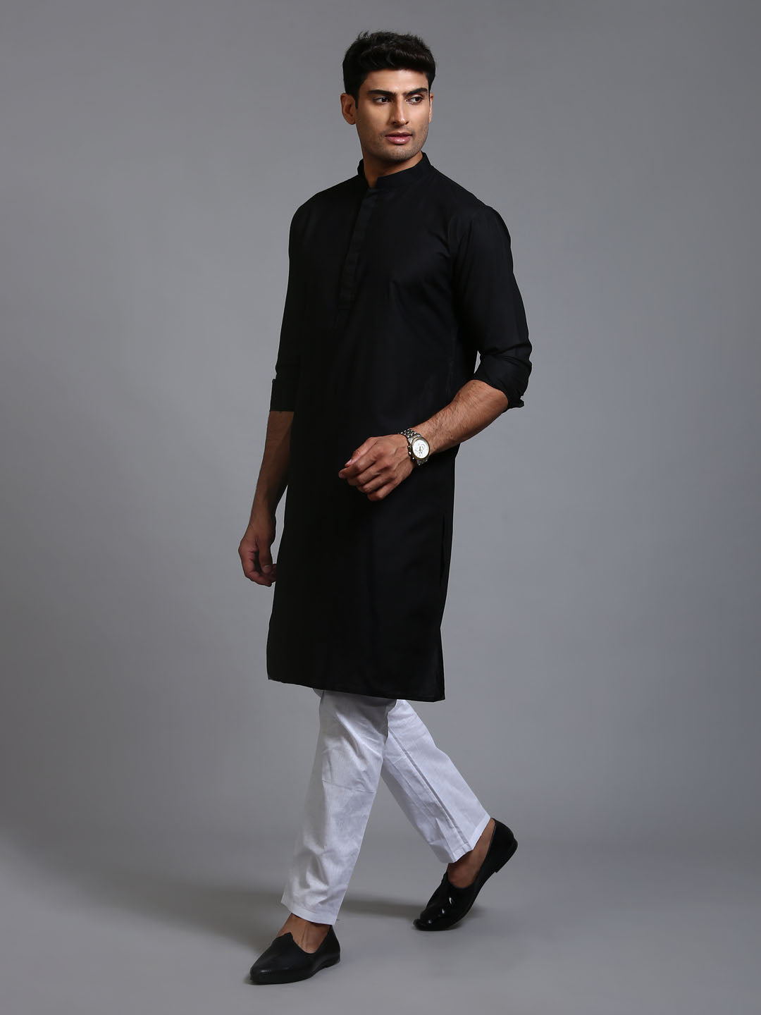 Men's Black Cotton Blend Straight Kurta Pyjama Set