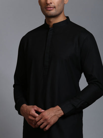 Men's Black Cotton Blend Straight Kurta Pyjama Set