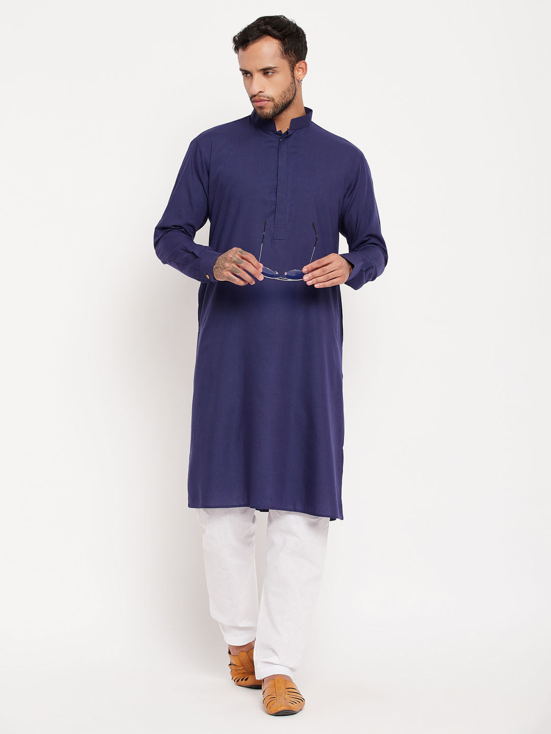 Men's Blue Cotton Blend Straight Kurta Pyjama Set
