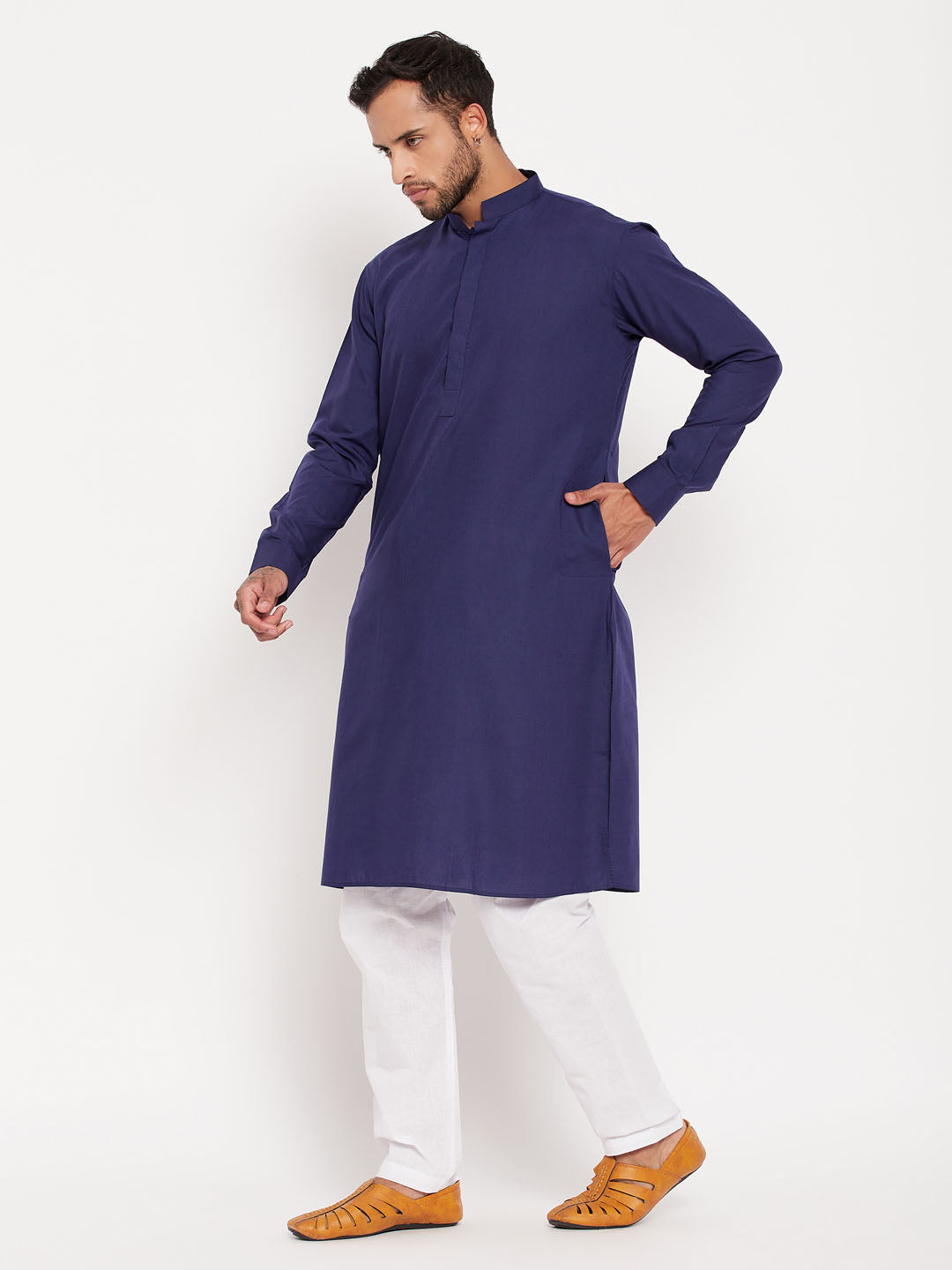 Men's Blue Cotton Blend Straight Kurta Pyjama Set