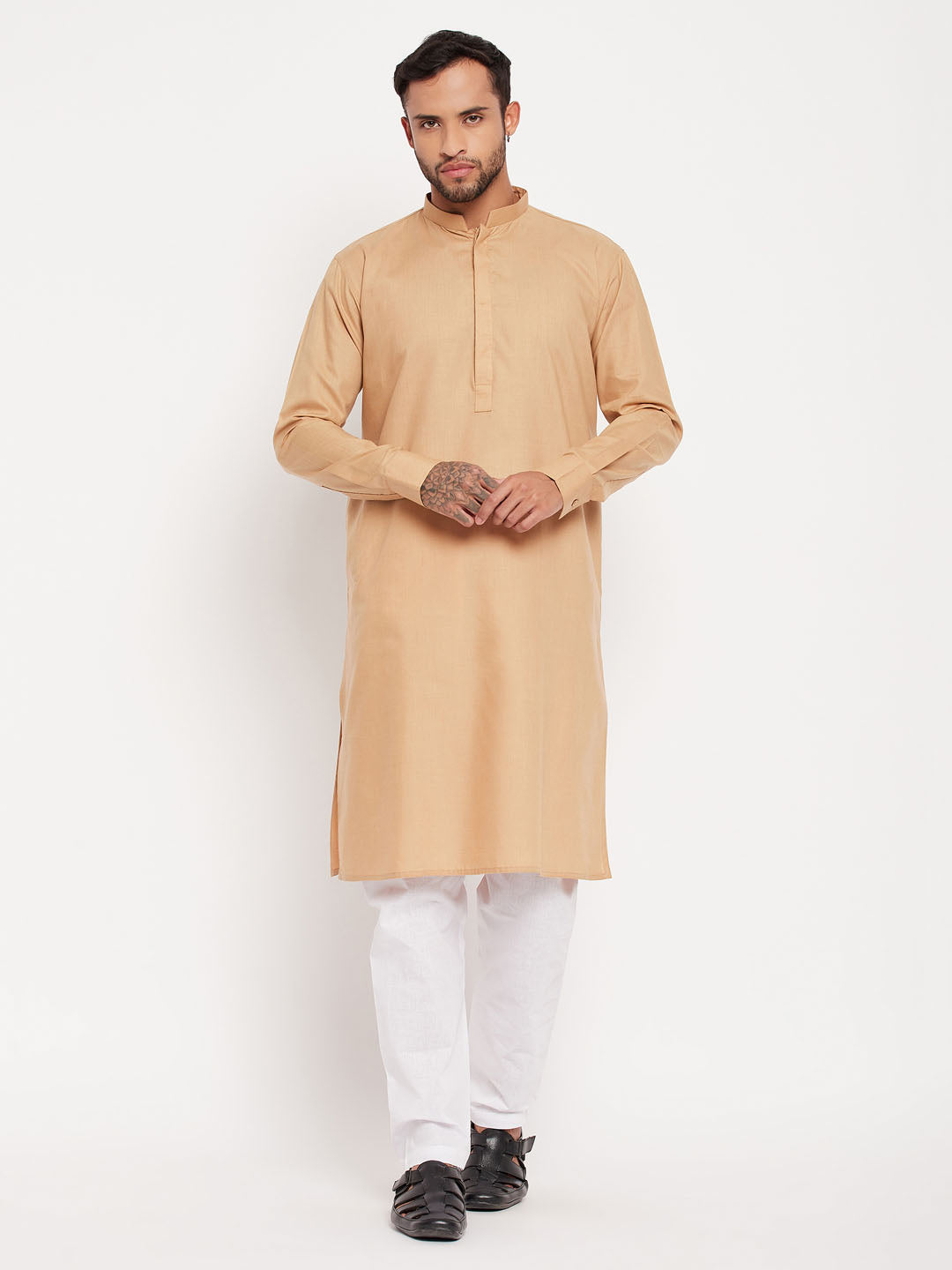 Men's Chiku Cotton Blend Straight Kurta Pyjama Set
