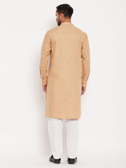Men's Chiku Cotton Blend Straight Kurta Pyjama Set