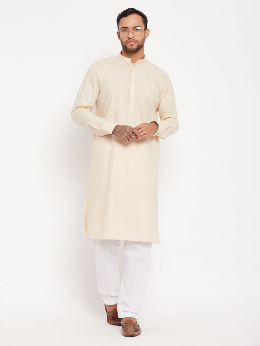 Men's Cream Cotton Blend Straight Kurta Pyjama Set