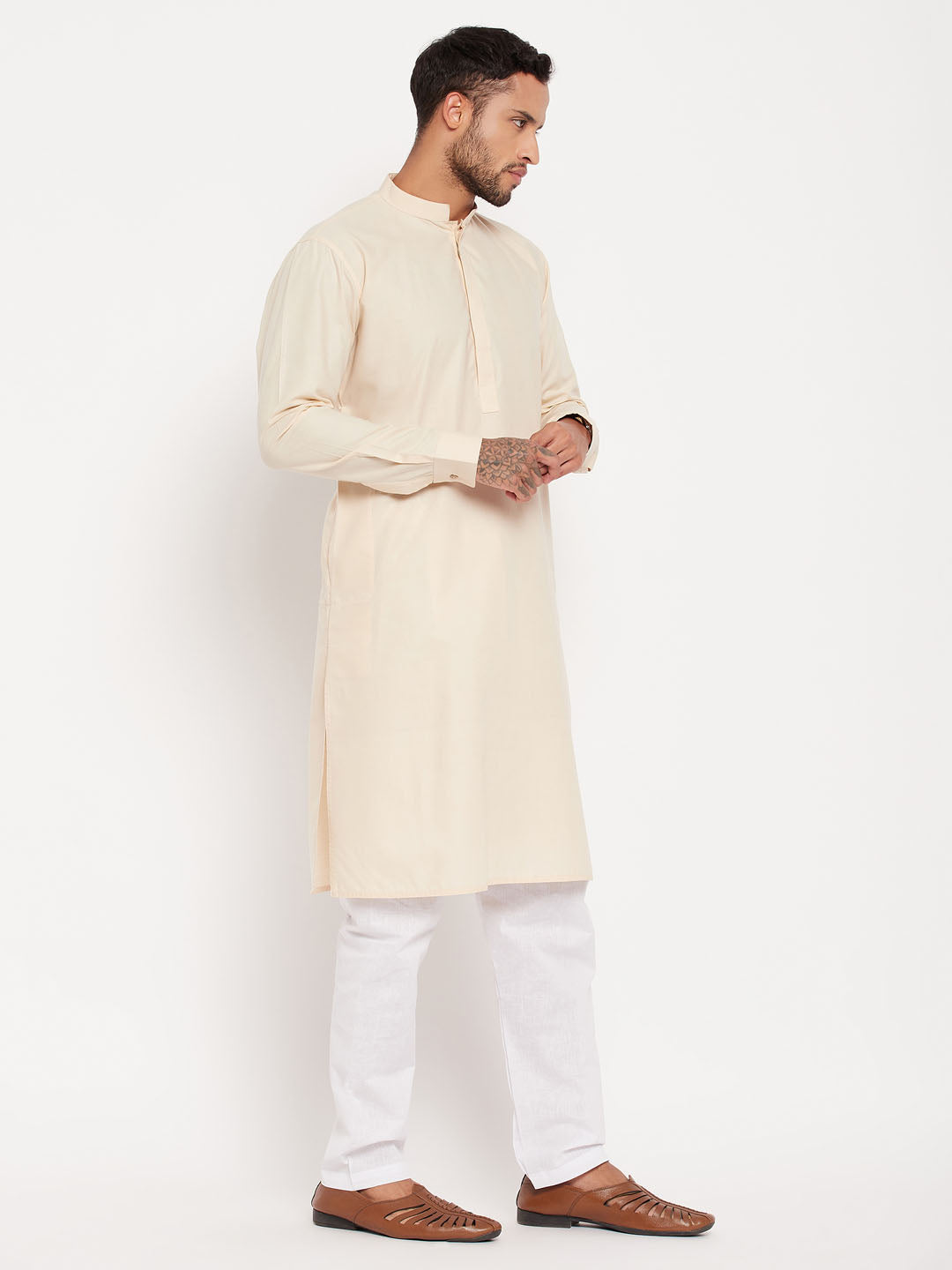 Men's Cream Cotton Blend Straight Kurta Pyjama Set