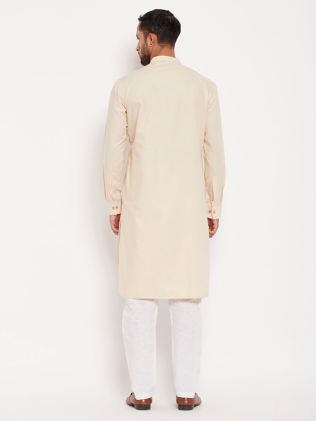 Men's Cream Cotton Blend Straight Kurta Pyjama Set