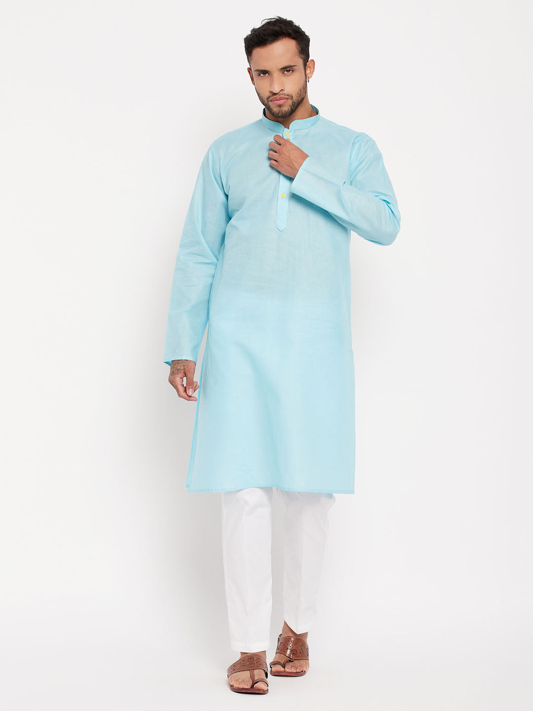 Men's Aqua Cotton Straight Kurta Pyjama Set