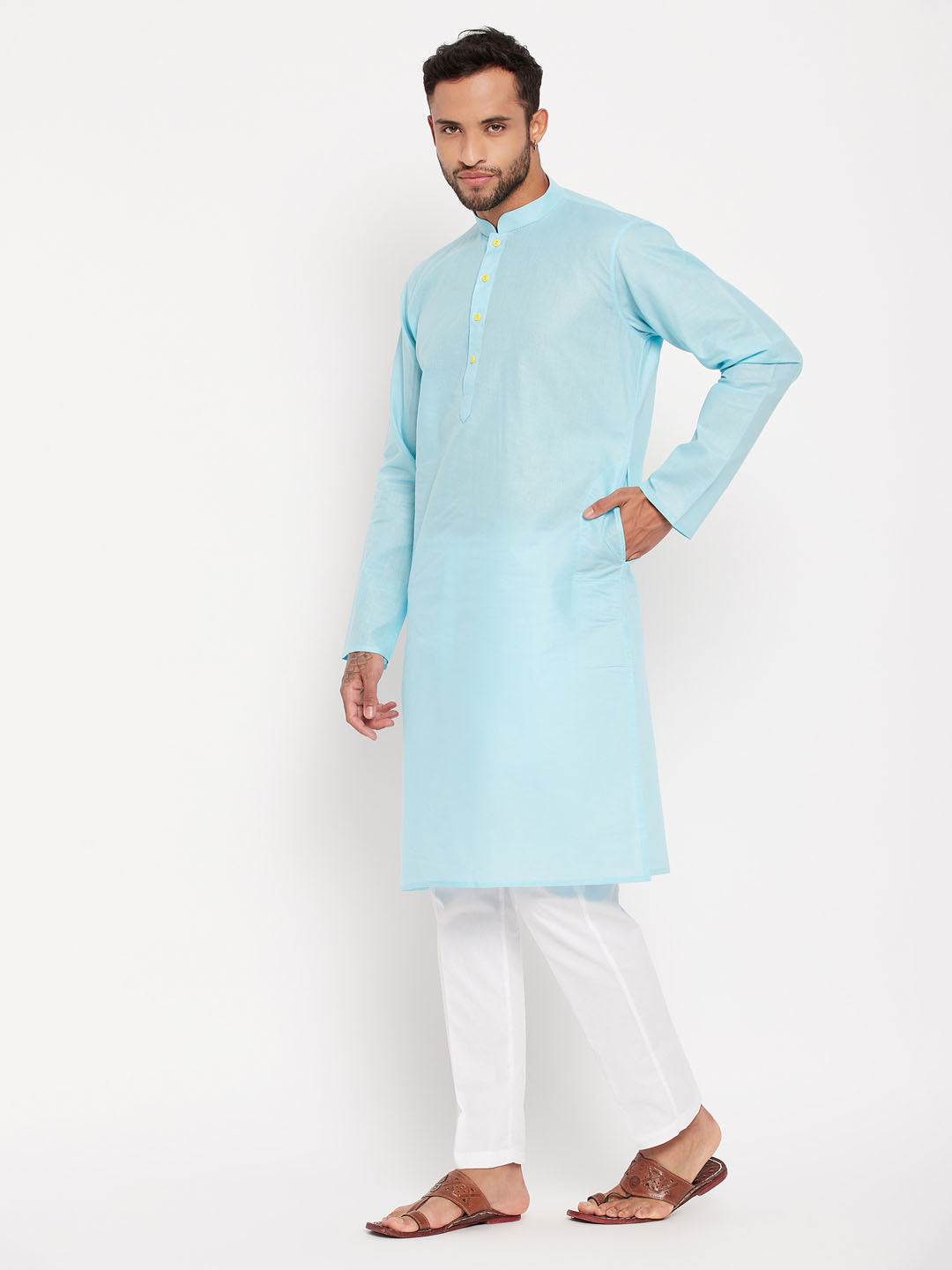 Men's Aqua Cotton Straight Kurta Pyjama Set
