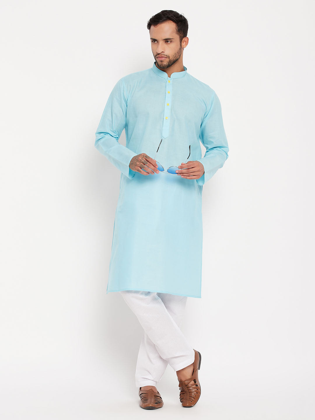 Men's Aqua Cotton Straight Kurta Pyjama Set