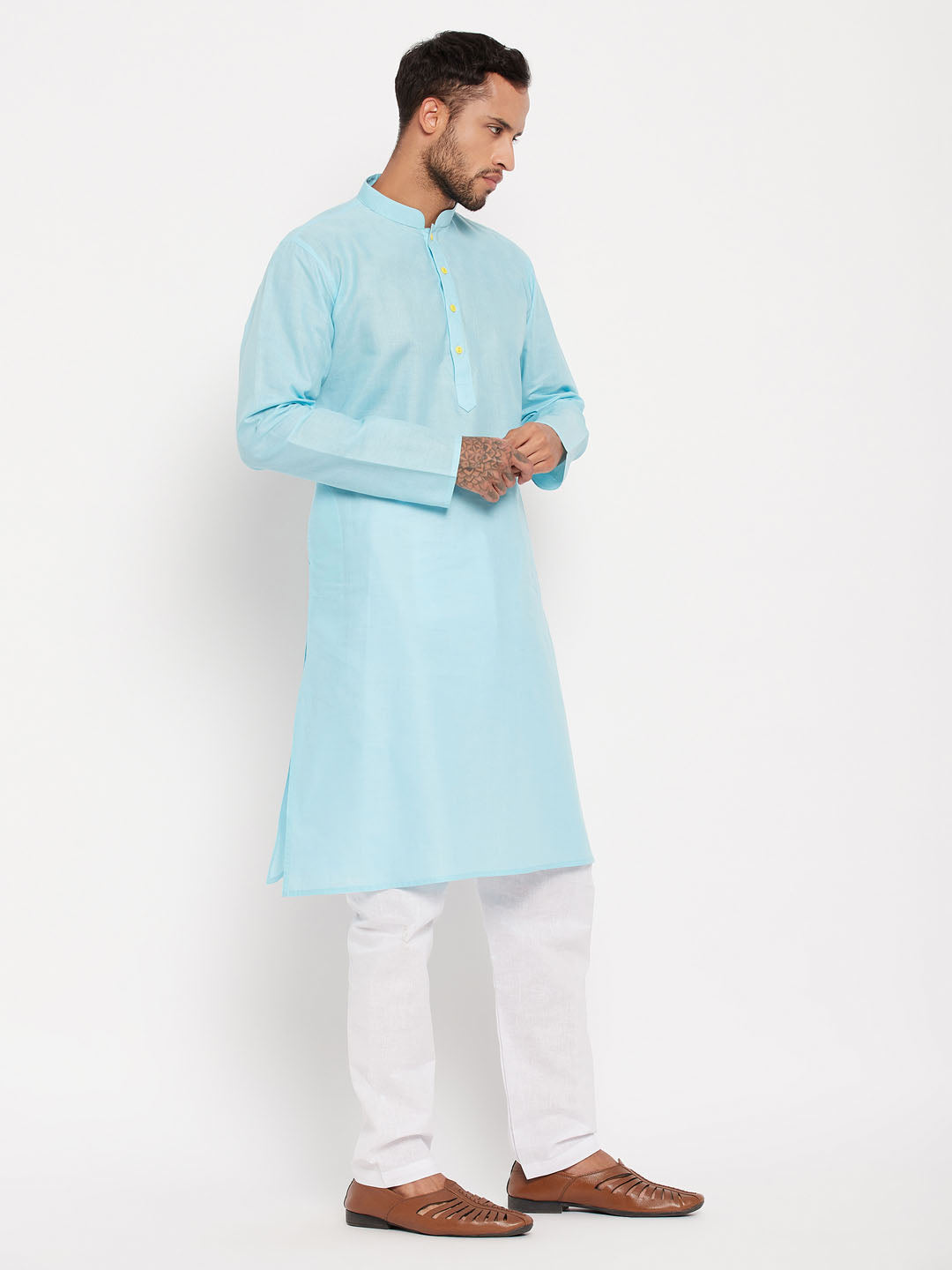 Men's Aqua Cotton Straight Kurta Pyjama Set