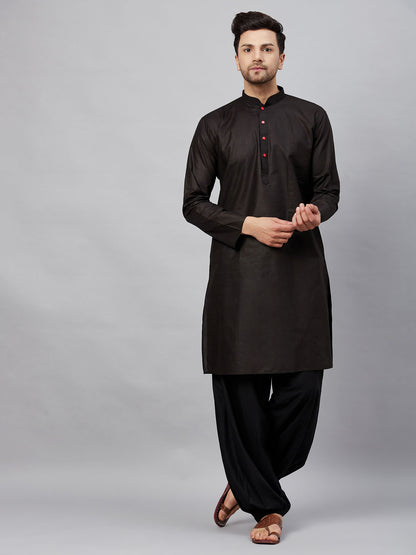 Men's Black Cotton Straight Kurta And Patiala Set