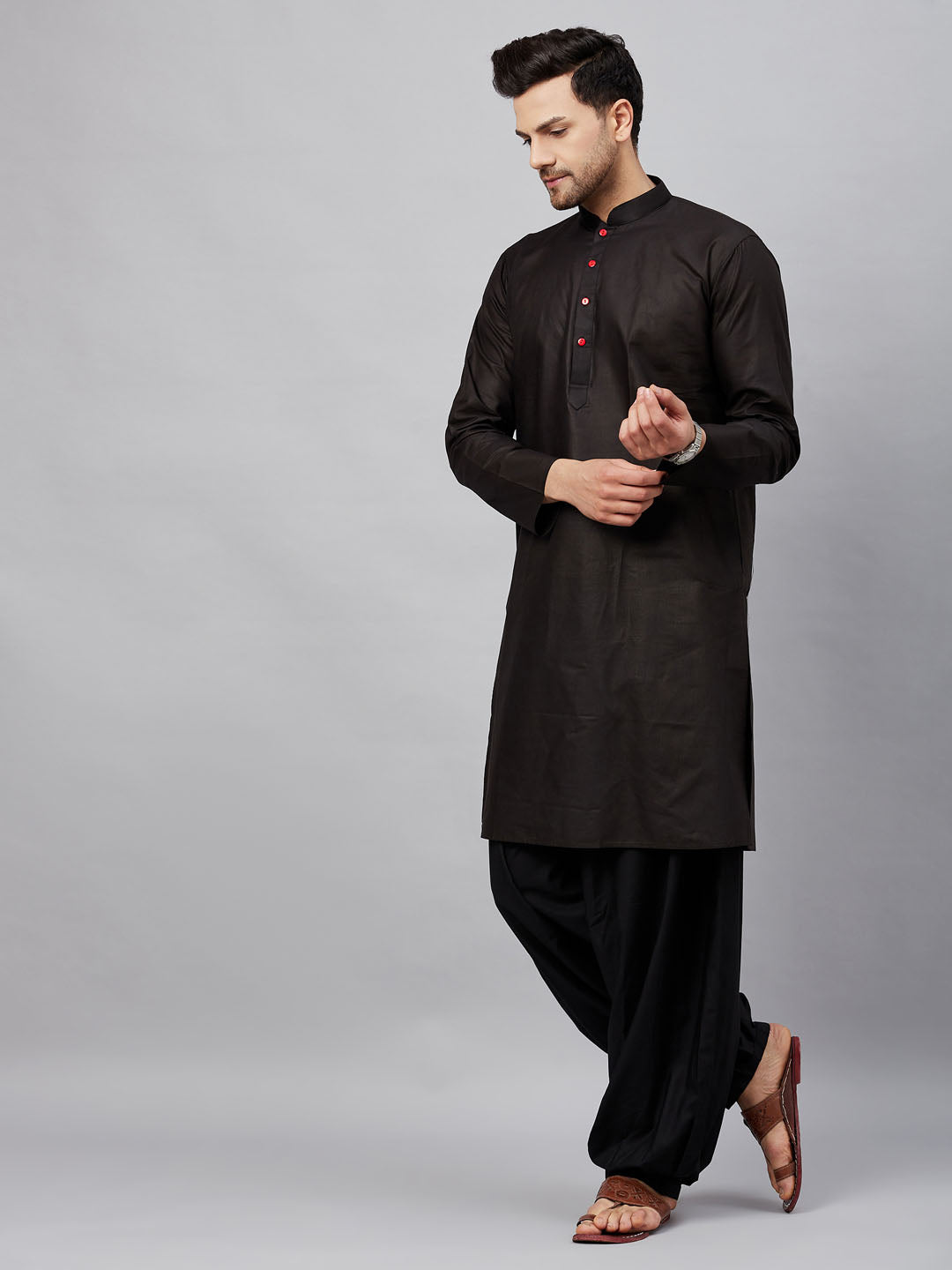 Men's Black Cotton Straight Kurta And Patiala Set