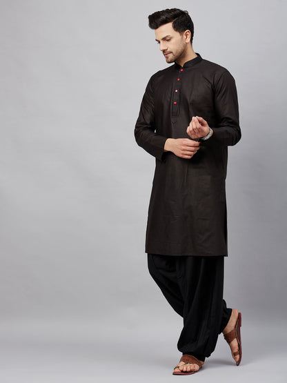 Men's Black Cotton Straight Kurta And Patiala Set