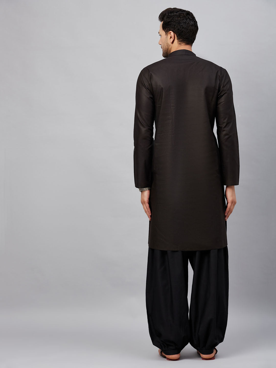 Men's Black Cotton Straight Kurta And Patiala Set
