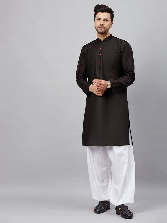 Men's Black Cotton Straight Kurta And Patiala Set