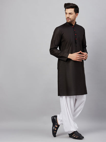 Men's Black Cotton Straight Kurta And Patiala Set