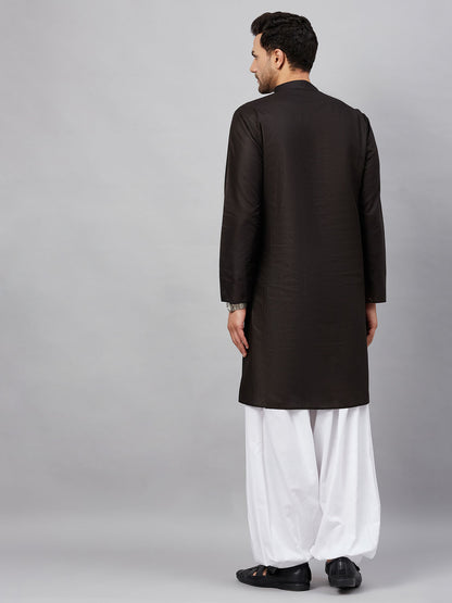 Men's Black Cotton Straight Kurta And Patiala Set