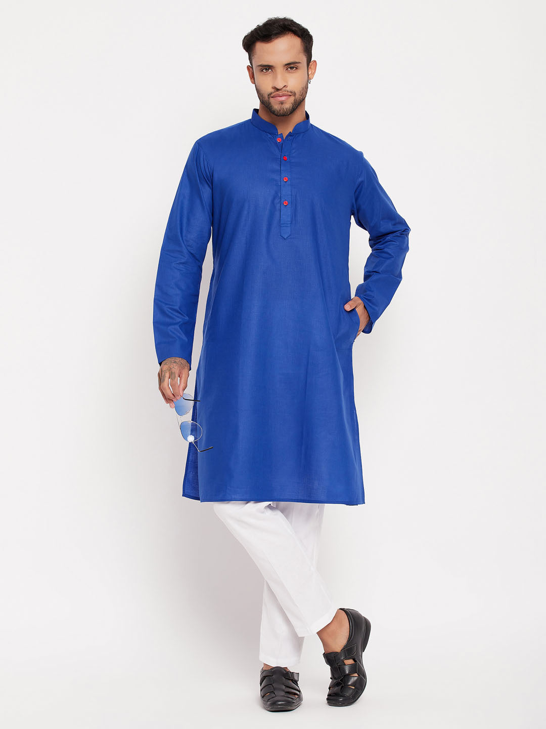 Men's Blue Cotton Straight Kurta Pyjama Set
