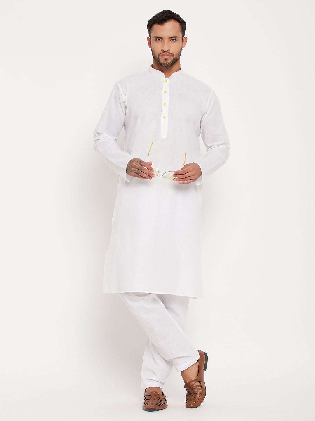 Men's Cream Cotton Straight Kurta Pyjama Set