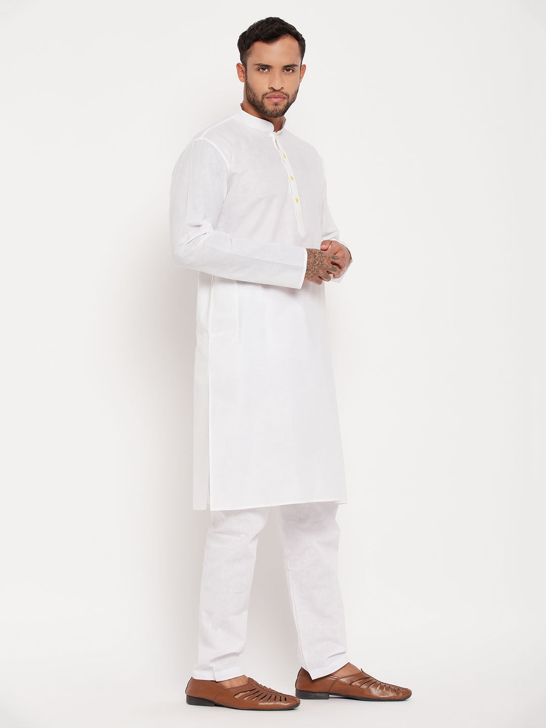 Men's Cream Cotton Straight Kurta Pyjama Set