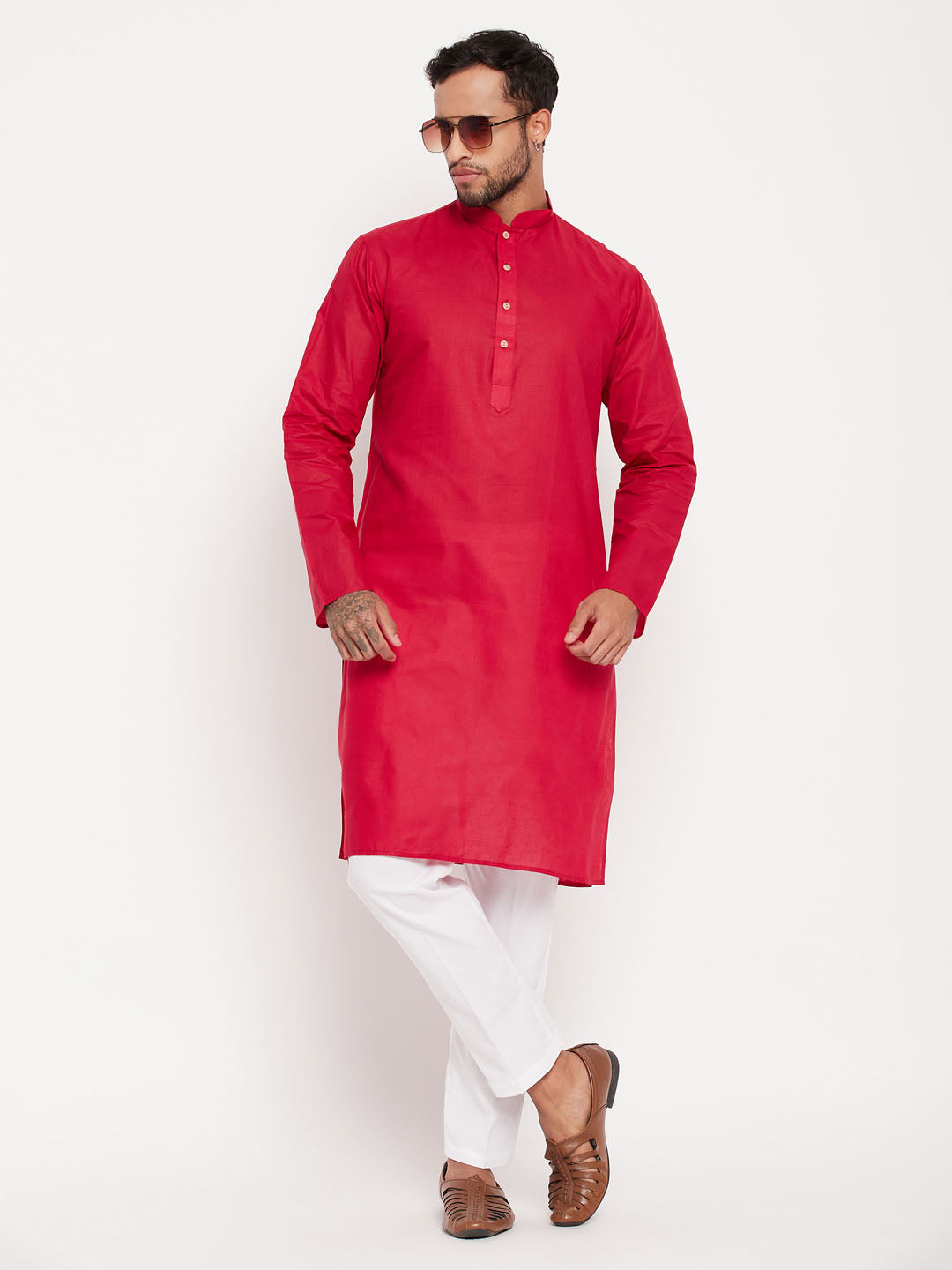 Men's Maroon Cotton Straight Kurta Pyjama Set