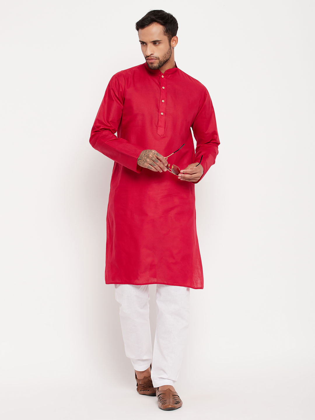 Men's Maroon Cotton Straight Kurta Pyjama Set
