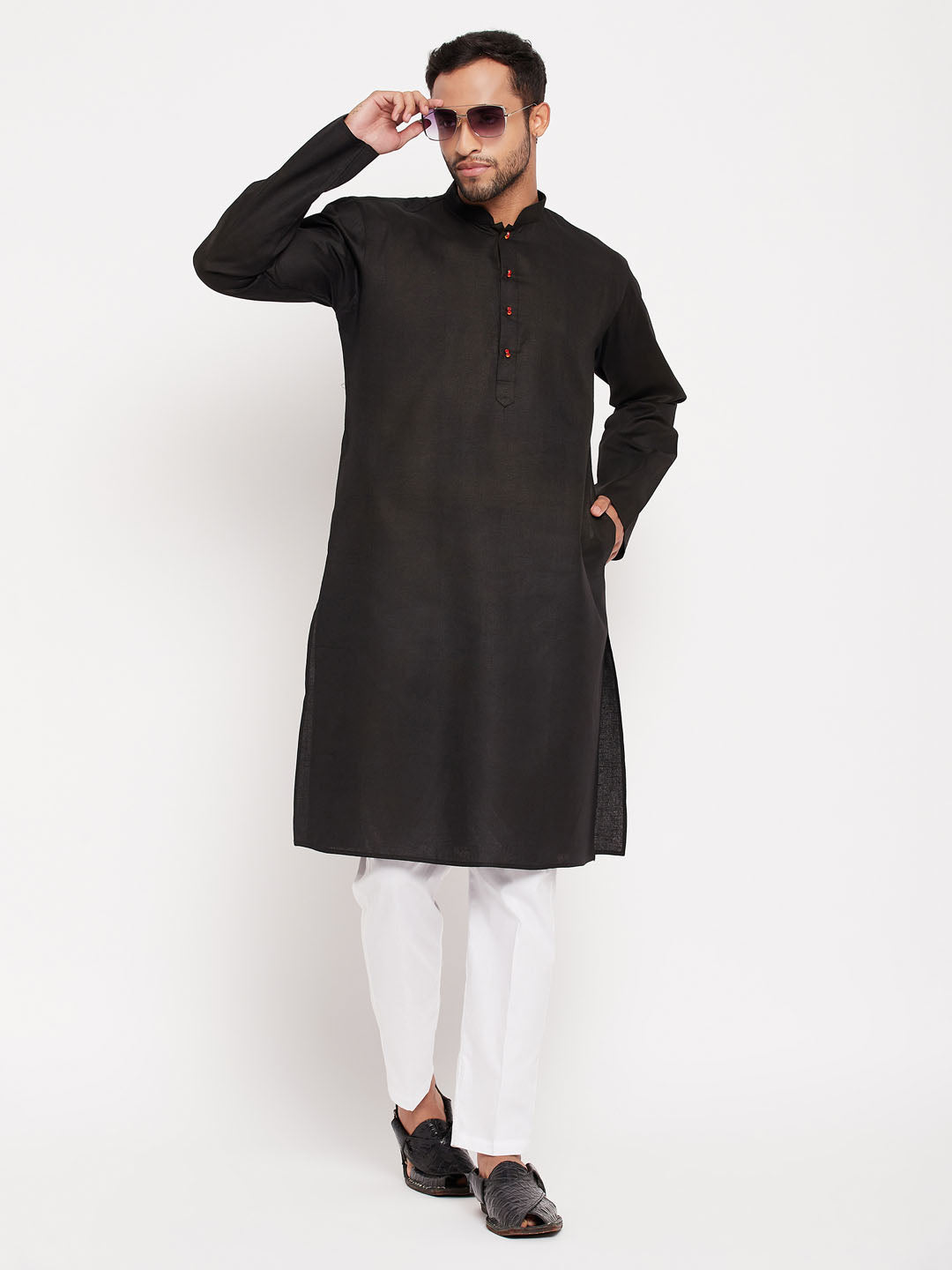 Men's Black Cotton Straight Kurta Pyjama Set