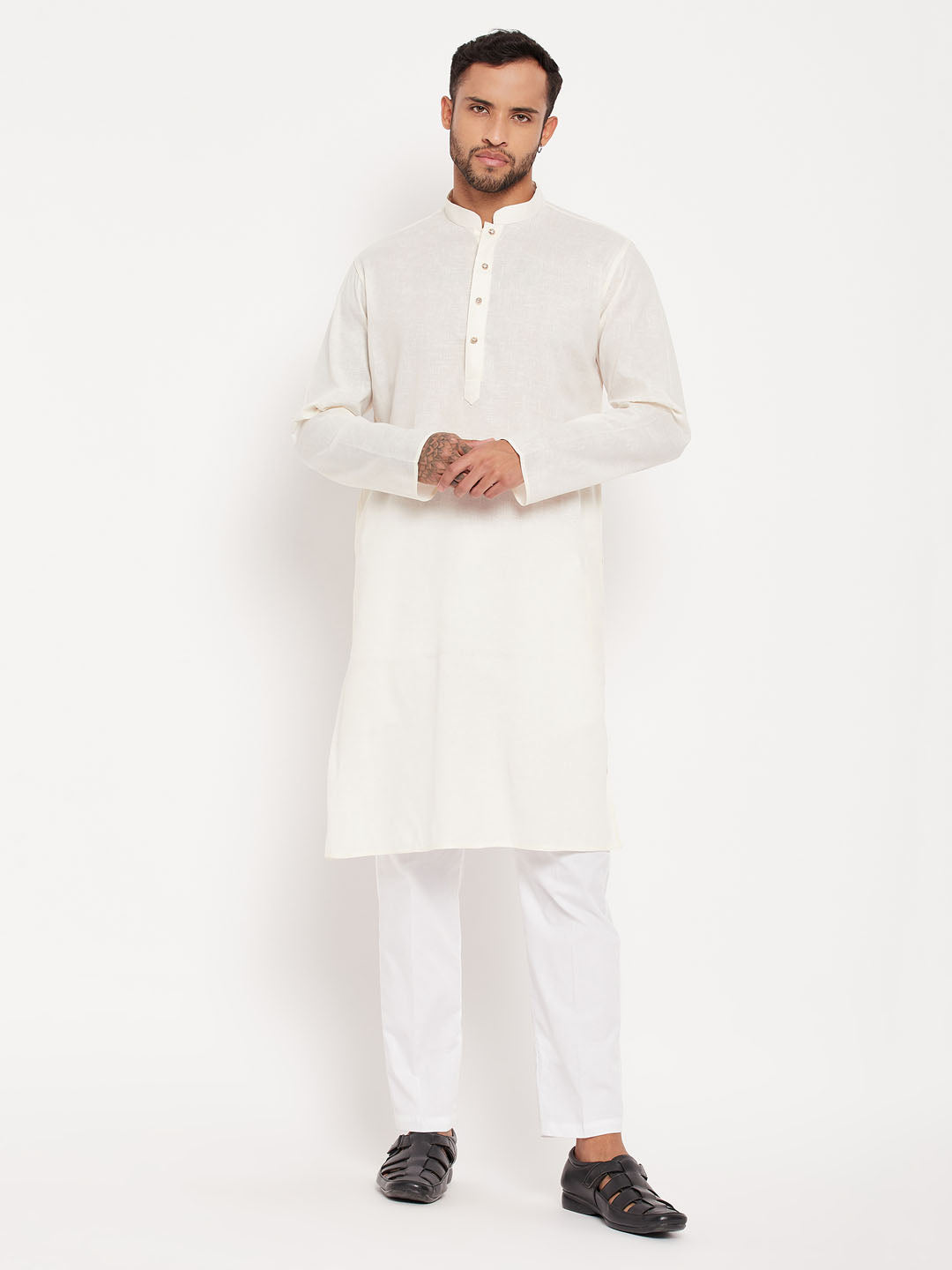 Men's Cream Cotton Straight Kurta Pyjama Set