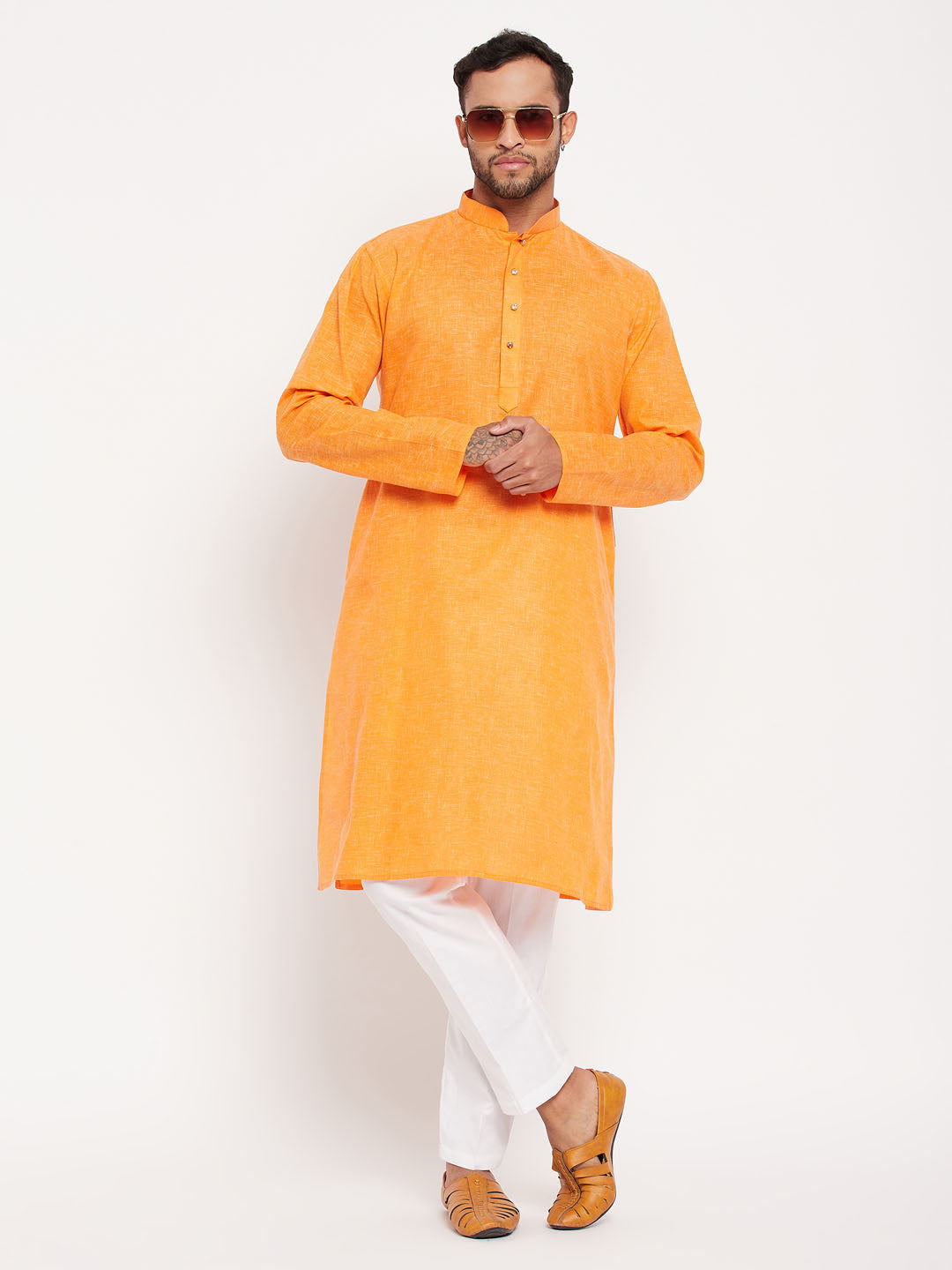 Men's Orange Cotton Straight Kurta Pyjama Set