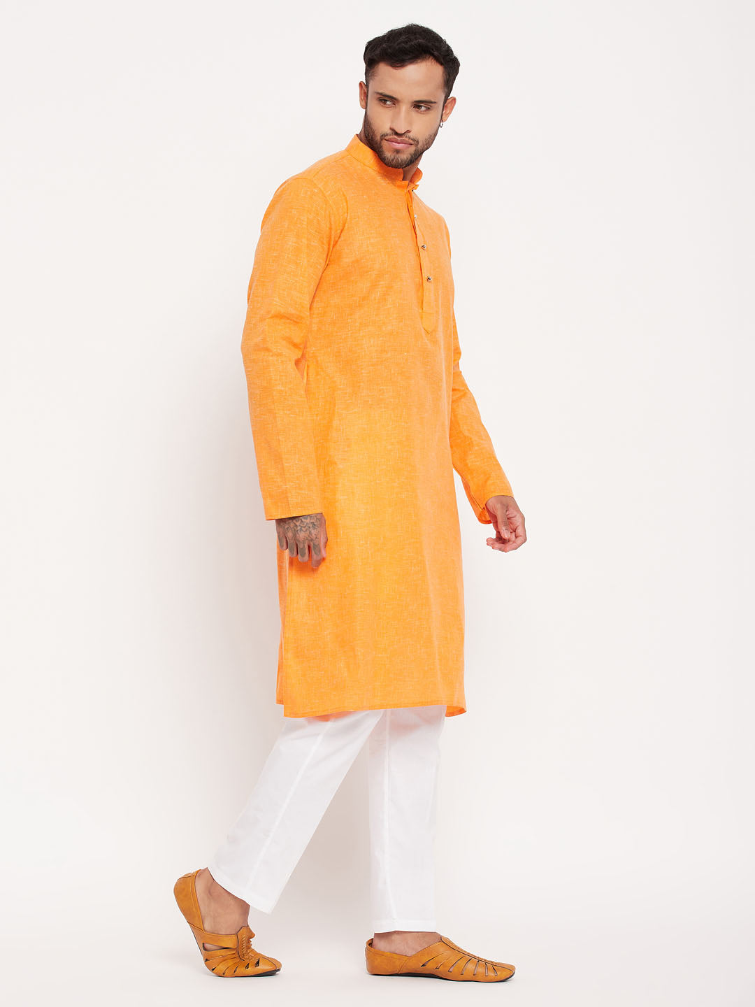 Men's Orange Cotton Straight Kurta Pyjama Set