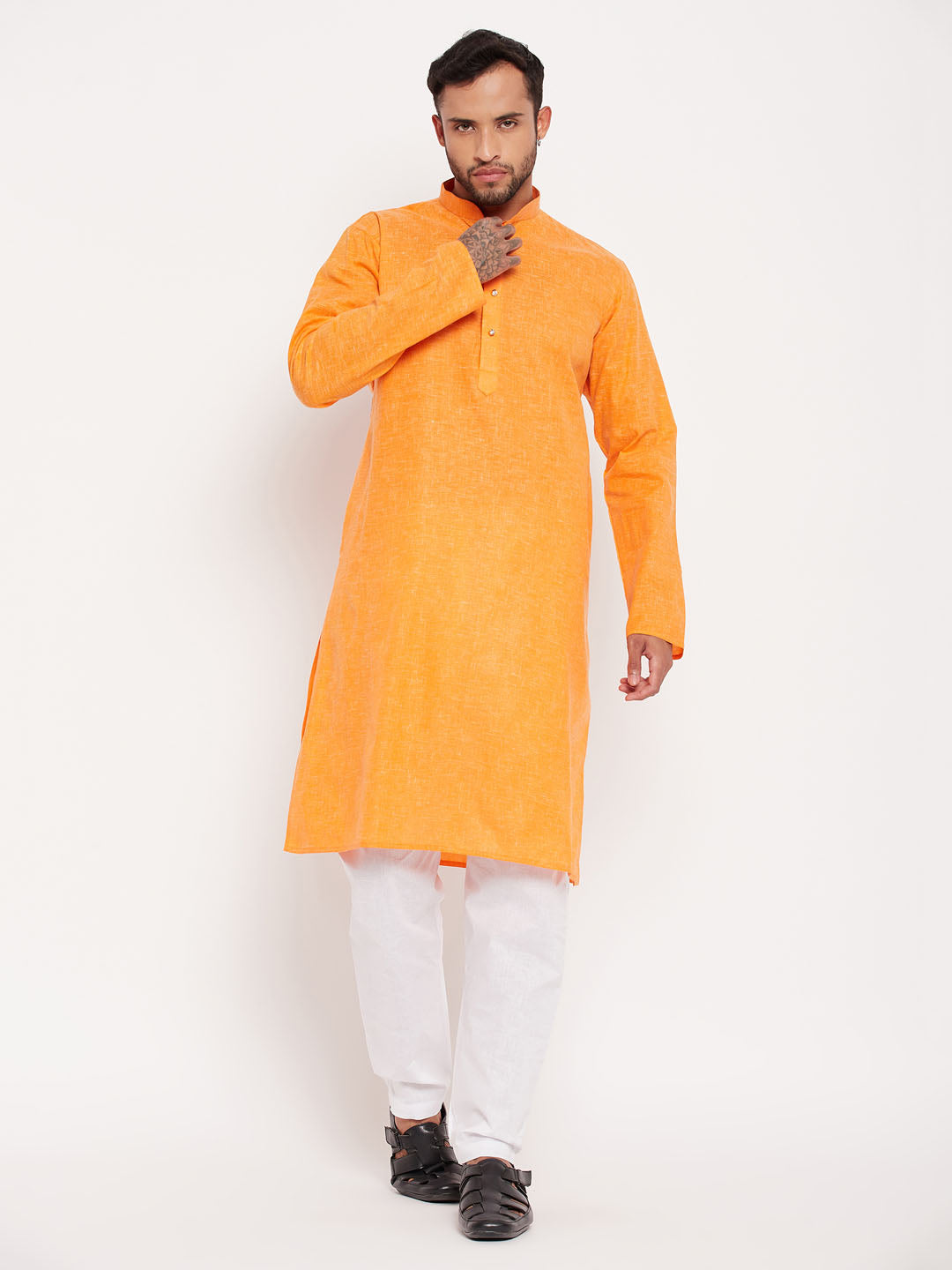 Men's Orange Cotton Straight Kurta Pyjama Set