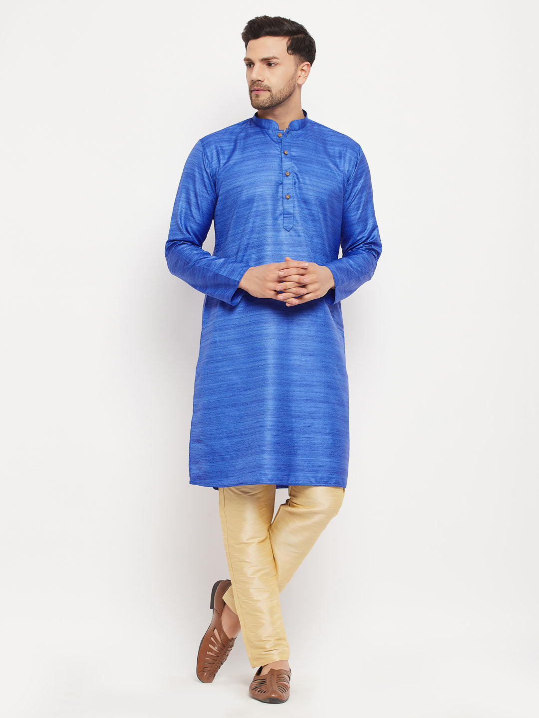 Men's Blue Silk Blend Straight Kurta Pyjama Set