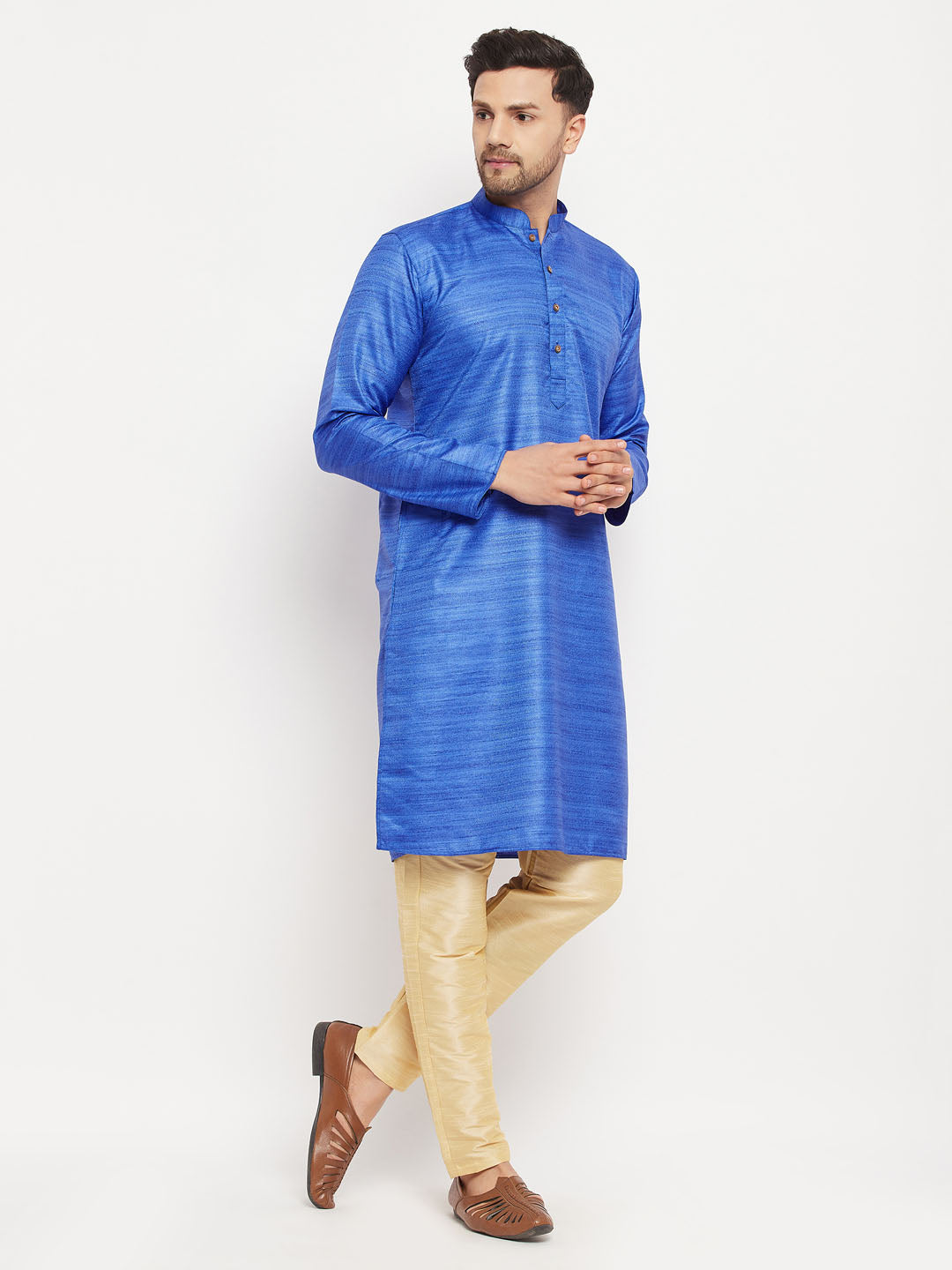 Men's Blue Silk Blend Straight Kurta Pyjama Set