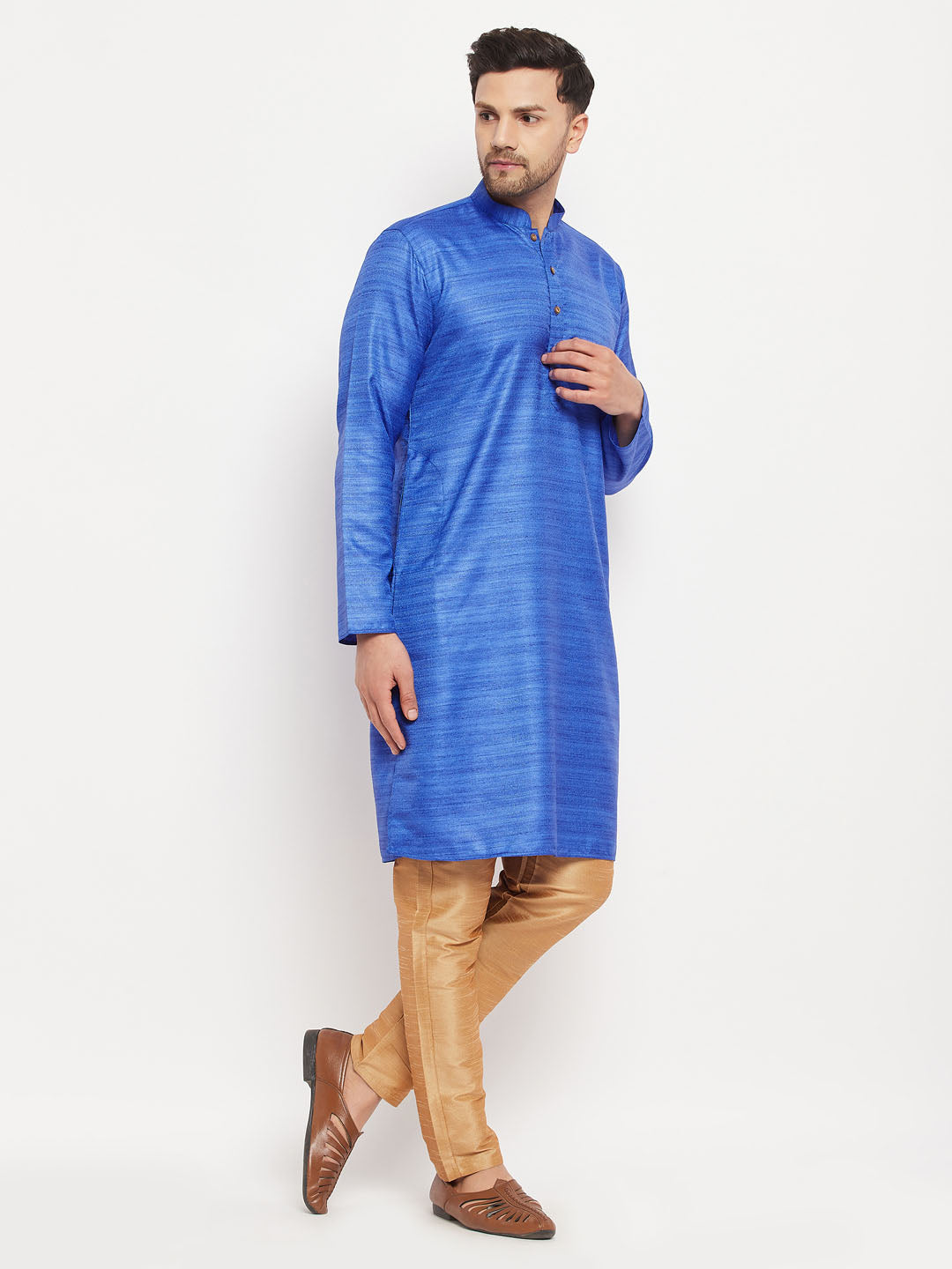 Men's Blue Silk Blend Straight Kurta Pyjama Set