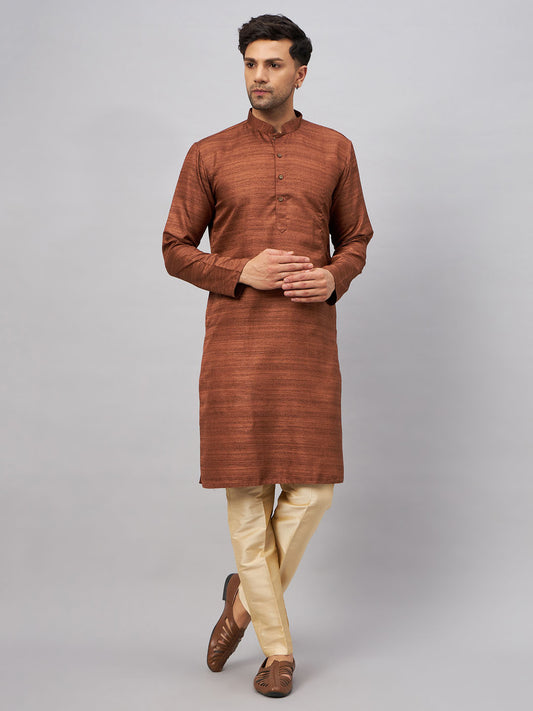 Men's Coffee Silk Blend Straight Kurta Pyjama Set